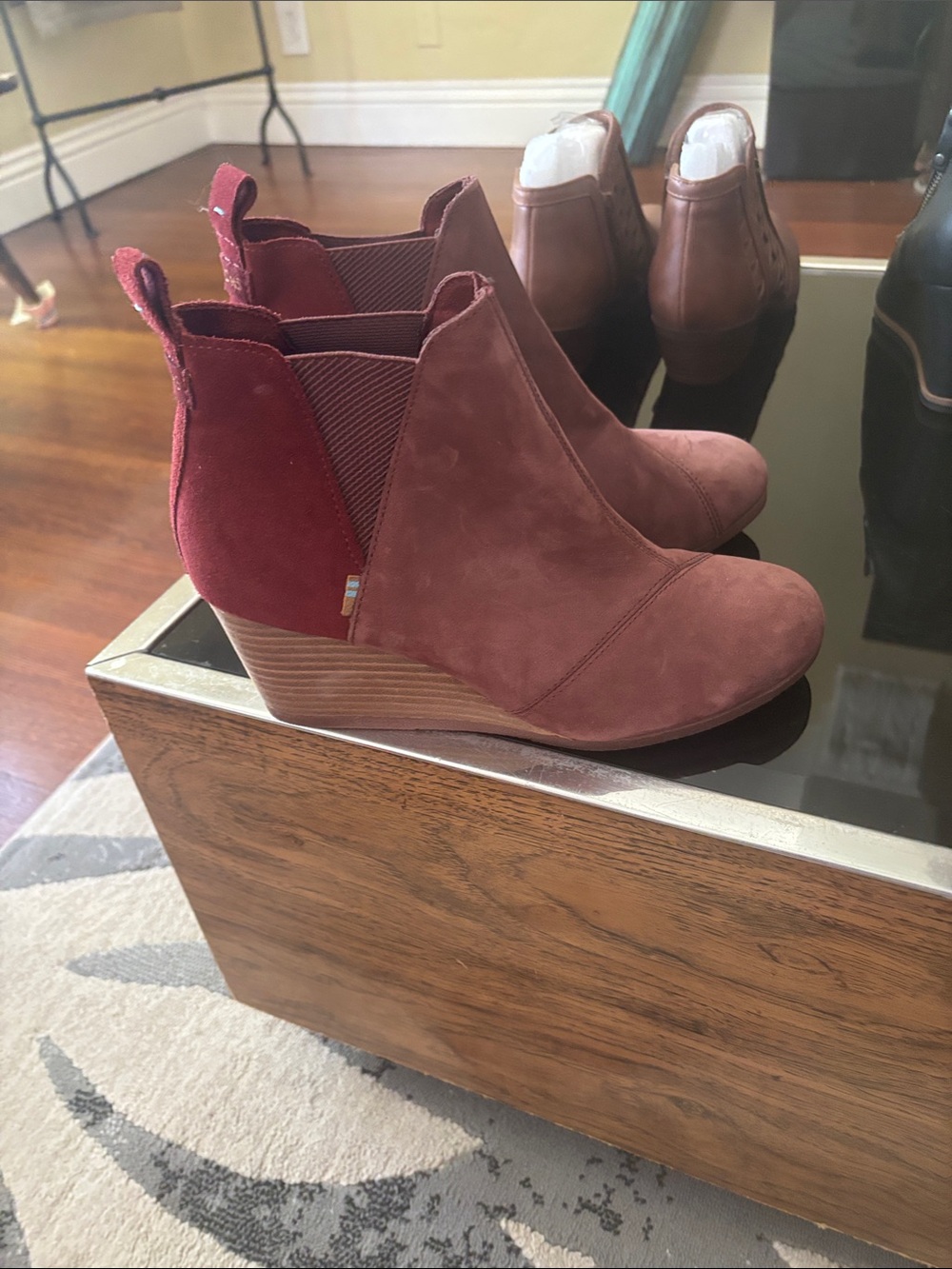 Tom’s reddish burgundy bootie